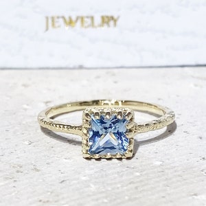 Aquamarine Ring - March Birthstone - Square Ring - Gemstone Band - Gold Ring - Hammered Ring - Bezel Ring - Simple Ring - Light Blue Ring
