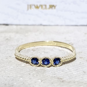 Triple Gemstones Ring - Sapphire ring - Stackable Ring - Gold Ring - Royal Blue Ring - Tiny Ring - September Birthstone - Delicate Ring