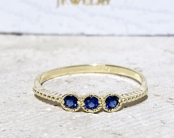 Triple Gemstones Ring - Sapphire ring - Stackable Ring - Gold Ring - Royal Blue Ring - Tiny Ring - September Birthstone - Delicate Ring