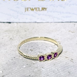 Triple Gemstones Ring Ruby ring Stack Ring Gold Ring Delicate Ring Bezel Ring Fuchsia Ring Tiny Ring July Birthstone image 7