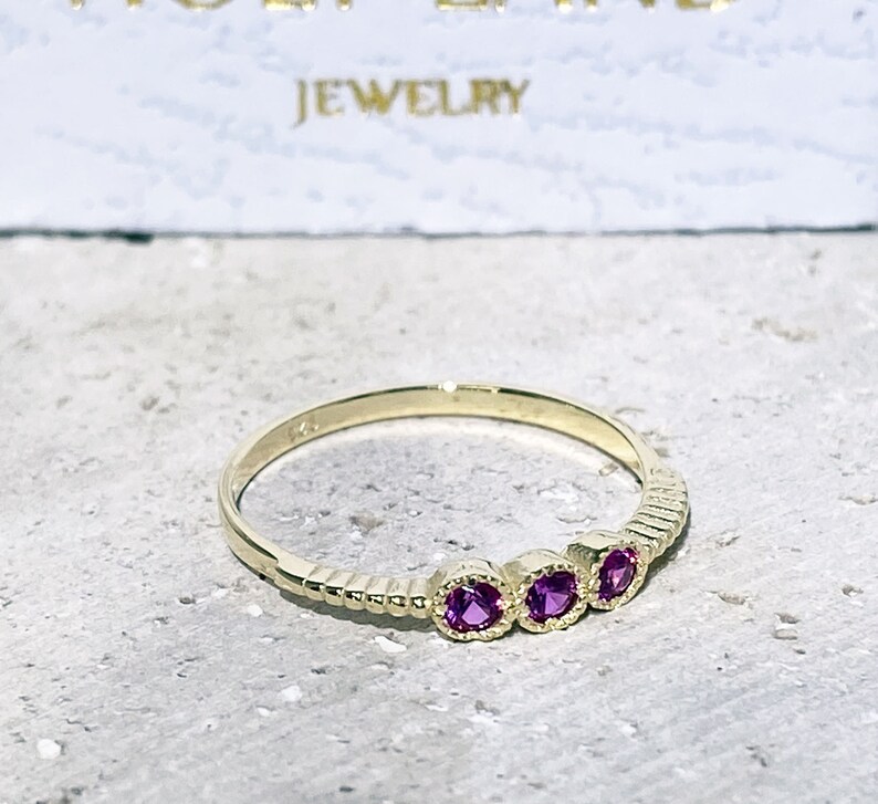 Triple Gemstones Ring Ruby ring Stack Ring Gold Ring Delicate Ring Bezel Ring Fuchsia Ring Tiny Ring July Birthstone image 7