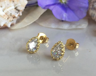 Clear Quartz Earrings - April Birthstone - Pear Gemstone Prong  Simple Delicate Teardrop Gold Post Studs