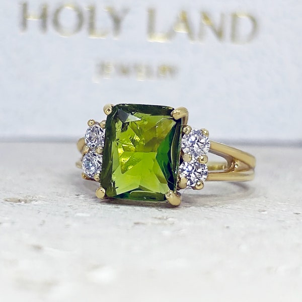 Peridot Ring – August Birthstone - Rectangle Green Gemstone Prong Set Statement Engagement Gold Band