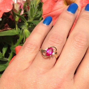 Ruby Ring - July Birthstone - Oval Fuchsia Gemstone Prong Set Dainty Delicate Gold Band