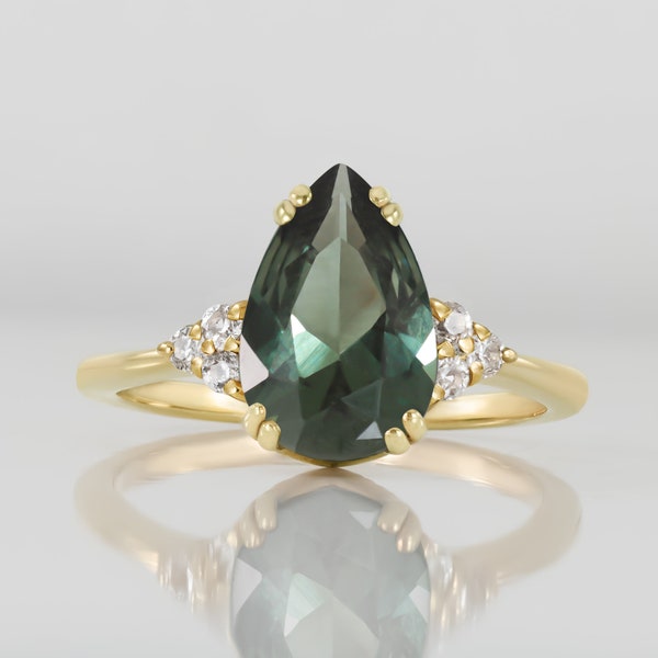 Green Tourmaline Ring - Pear Gemstone Prong Set Statement Engagement Teardrop Gold Band