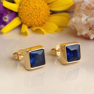 September Birthstone Jewelry - Sapphire Earrings - Square Earrings  - Shiny Gold Earrings - Post Earrings - Delicate Studs
