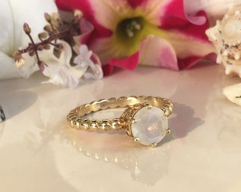 Rainbow Moonstone Ring - Genuine Gemstone - Gold Ring - Stacking Ring - June Birthstone - Simple Jewery - Prong Set Ring - Round Ring