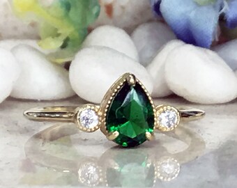 Emerald Ring - Gold Ring - Stacking Ring - Prong Ring - May Birthstone - Gemstone Ring - Teardrop Ring - Tiny Ring - Delicate Ring