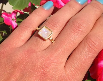 Rainbow Moonstone Ring - June Birthstone - Square Natural Gemstone Bezel Set Simple Hammered Gold Band