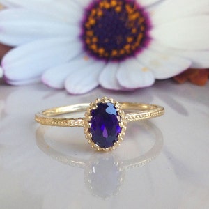Amethyst Ring - Gold Ring - February Birthstone - Hammered Ring - Stacking ring - Tiny Ring - Gemstone Ring - Purple Ring -