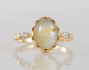 Rutilated Quartz Ring - Oval Natural Golden Gemstone Vintage Crown Bezel Set Statement Gold Band