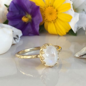 Rainbow Moonstone Ring - Gemstone Ring - June Birthstone - Oval Ring - Gold Ring - Stacking Ring - Bezel Ring - Hammered Ring