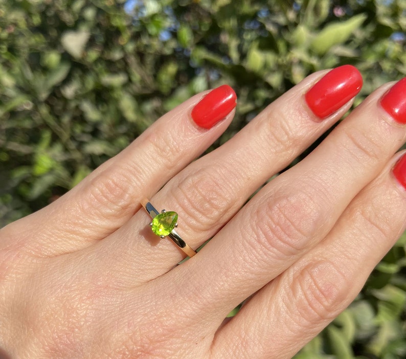 Peridot Ring August Birthstone Gold Ring Prong Ring Stacking Ring Gemstone Ring Simple Ring Teardrop Ring Green Stone Ring image 3