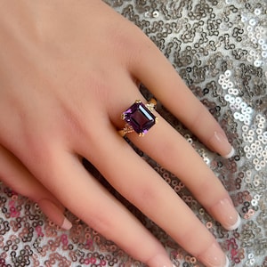 Purple Amethyst Ring - February Birthstone - Statement Ring - Gold Ring - Engagement Ring - Prong Ring - Rectangle Ring - Cocktail Ring