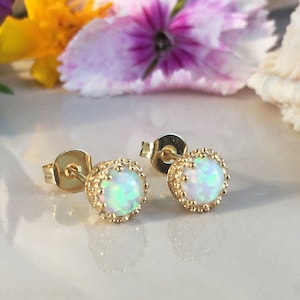 White Opal Earrings - Opal Jewelry - Post Earrings - Delicate Studs - Gold Studs - Round Earrings - Bezel Set Earrings