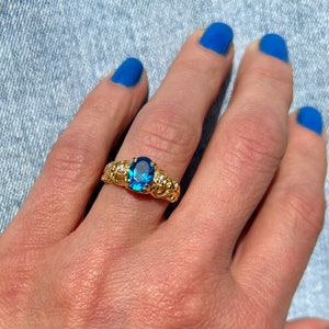 Blue Topaz Ring - Gemstone Ring - December Birthstone - Gold Ring  - Lace Ring - Flower Ring - Filigree Ring - Oval Ring - Dainty Ring