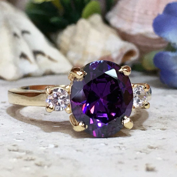 Purple Amethyst Ring – February Birthstone - Oval Gemstone Statement Engagement Prong Set Cocktail Gold Band