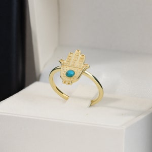 Hamsa Ring & Green Turquoise – Round Gemstone Good Luck Evil Eye Protection Simple Gold Band