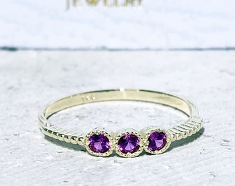 Triple Gemstones Ring - Ruby ring - Stack Ring - Gold Ring -  Delicate Ring - Bezel Ring - Fuchsia Ring - Tiny Ring - July Birthstone