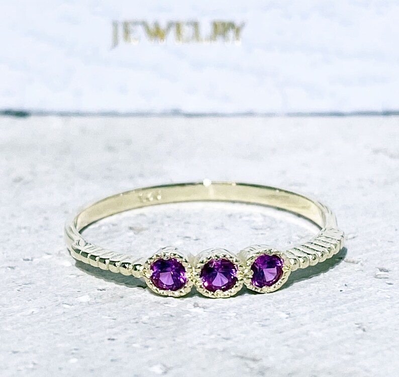 Triple Gemstones Ring Ruby ring Stack Ring Gold Ring Delicate Ring Bezel Ring Fuchsia Ring Tiny Ring July Birthstone image 1