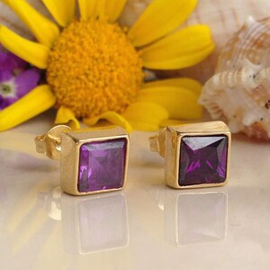 Square Earrings - Amethyst Earrings - Shiny Gold Earrings - February Birthstones - Post Earrings - Simple Earrings