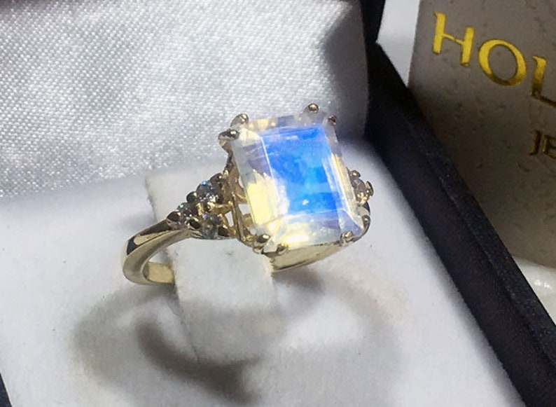 Rainbow Moonstone Ring June Birthstone Statement Ring Gold Ring Engagement Ring Rectangle Ring Cocktail Ring Gemstone Ring image 8