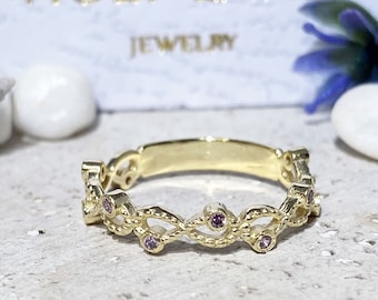 Rose Quartz Ring – October Birthstone - Round Pink Gemstone Bezel Set Infinity Stacking Gold Band