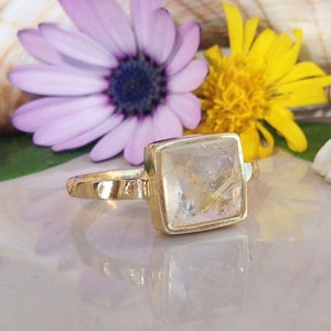 Rutilated Quartz Ring - Genuine Gemstone  - Hammered Ring - Square Ring  - Gold Ring - Golden Gem Ring - Simple Ring - Gemstone Band