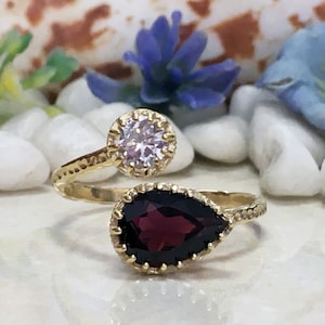 Garnet Ring - Dual Gemstone Ring - Two Birthstone Ring - January Birthstone - Gold Ring - Gemstone Ring - Stack Ring - Hammered Ring