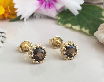 Smoky Quartz Earrings - Genuine Gemstone - Round Earrings - Post Earrings - Delicate Studs - Simple Earrings - Gold Studs - Brown Earrings