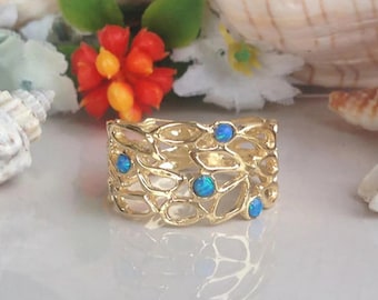 Blue Opal Ring – October Birthstone - Round Gemstone Bezel Set Lace Filigree Wide Gold Band
