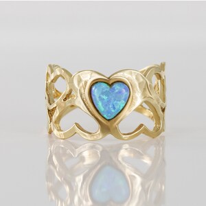 Blue Opal Ring - Heart Opal Ring -- October Birthstone - Wide Ring - Simple Ring - Gold Ring - Gemstone Ring - Opal Jewelry - Hammered Ring