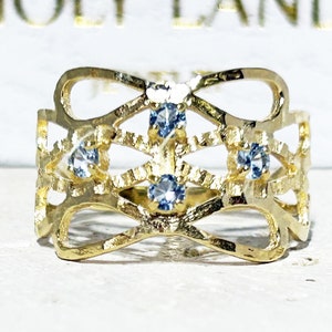 Aquamarine Ring - Gold Ring - March Birthstone - Simple Ring - Prong Ring - Hammered Ring - Wide Ring - Geometric Ring - Dainty Ring