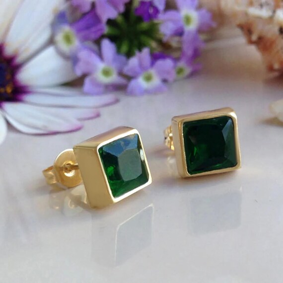 Emerald Earrings - May Birthstone - Square Green Gemstone Bezel Set Simple Gold Post Studs