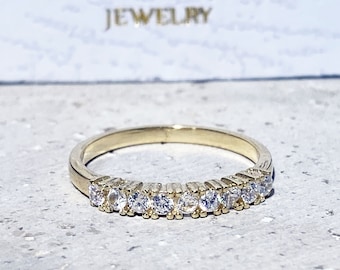 Clear Quartz Ring – April Birthstone - Round Gemstone Prong Set Half Eternity Stacking Gold Band
