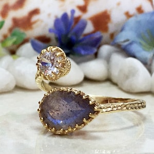 Labradorite Ring - Dual Gemstone Ring - Two Birthstone Ring - Rainbow Ring - Gold Ring - Gemstone Ring - Stack Ring - Hammered Ring