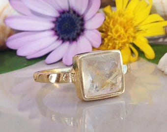 Rutilated Quartz Ring - Square Natural Golden Gemstone Bezel Set Simple Dainty Hammered Gold Band