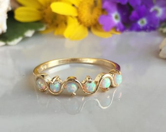 White Opal Ring – Round Gemstone Prong Set Dainty Delicate Stacking Gold Band