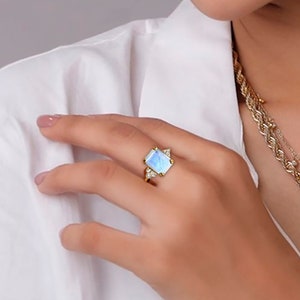 Rainbow Moonstone Ring - June Birthstone - Statement Ring - Gold Ring - Engagement Ring - Rectangle Ring - Cocktail Ring - Gemstone Ring