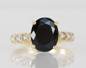 Black Onyx Ring - December Birthstone - Engagement Ring - Gold Ring - Prong Ring - Cocktail Ring - Gemstone Band - Statement Ring