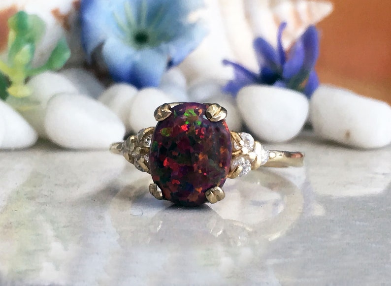 Gemstone Ring Cocktail Ring Dainty Ring Oval Ring Red Opal Gold Ring Statement Ring Fire Opal Ring Prong Ring Opal Jewelry