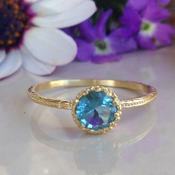 Blue Topaz Ring - December Birthstone - Gemstone Ring - Slim Band - Tiny Ring - Stacking Ring - Gold Ring - Simple Ring - Hammered Ring