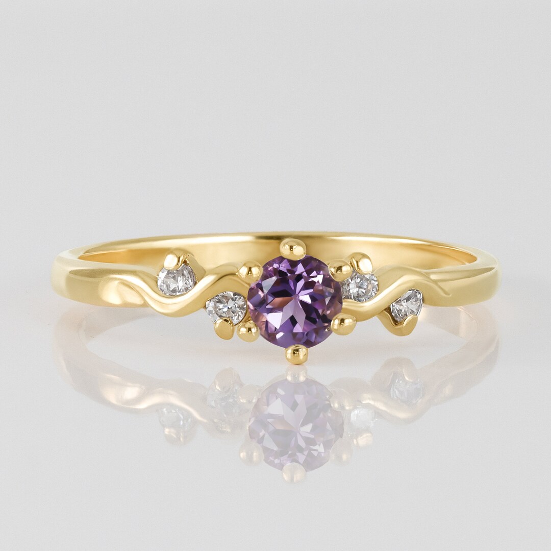 Purple Amethyst Ring – February Birthstone - Round Gemstone Prong Set ...