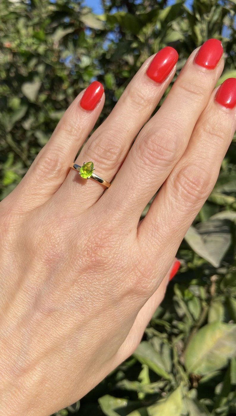 Peridot Ring August Birthstone Gold Ring Prong Ring Stacking Ring Gemstone Ring Simple Ring Teardrop Ring Green Stone Ring image 6