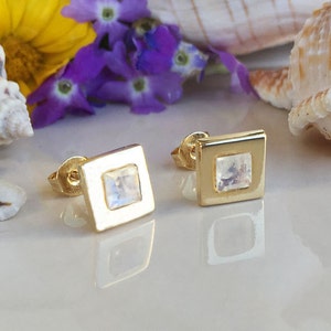 Rainbow Moonstone Earrings - June Birthstone - Square Gemstone Bezel Set Simple Delicate Gold Post Studs image 3