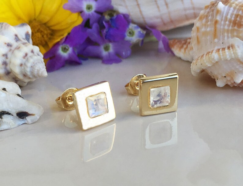Rainbow Moonstone Earrings - June Birthstone - Square Gemstone Bezel Set Simple Delicate Gold Post Studs image 3