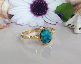 Turquoise Ring - Genuine Gemstone - Gold Ring - Gemstone Ring - Hammered Ring - Turquoise Jewelry - Simple Ring - December Ring - Oval Ring