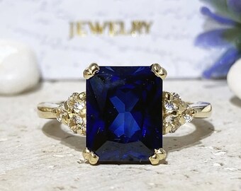 Blue Sapphire Ring - September Birthstone - Statement Ring - Gold Ring - Engagement Ring - Prong Ring - Rectangle Ring - Cocktail Ring