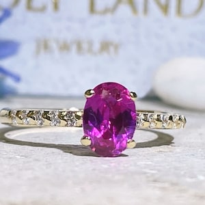 Ruby Ring – July Birthstone - Oval Fuchsia Gemstone Prong Set Dainty Engagement Gold Band