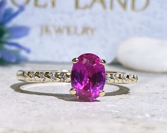 Rubin Ring - Juli Geburtsstein - Oval Fuchsie Edelstein Set Zierliche Verlobungsring Gold